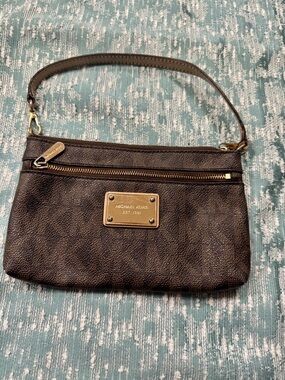 Michael Kors Dark Brown Pebbled Leather Shoulder Wristlet with Gold Plaque